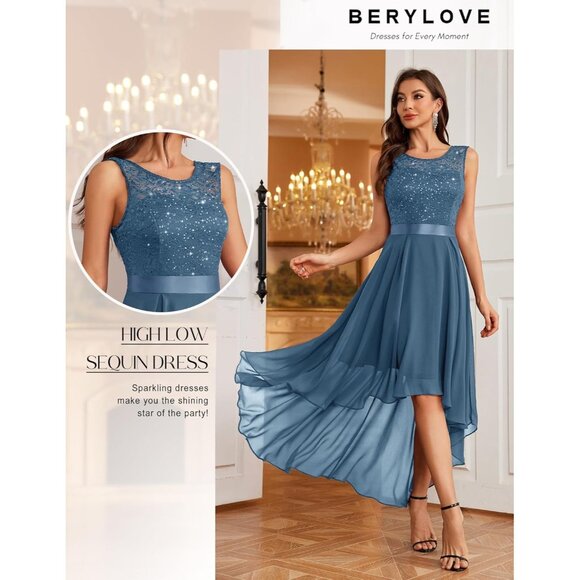 BeryLove Women Grey Blue Chiffon Scoop Neck Sleeveless Lace Cocktail Dress - Picture 5 of 6